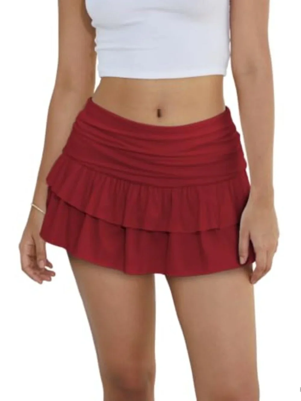 Y2K Ruffle Tiered Low Rise Mini Skirt with Built-In Shorts, High Stretch